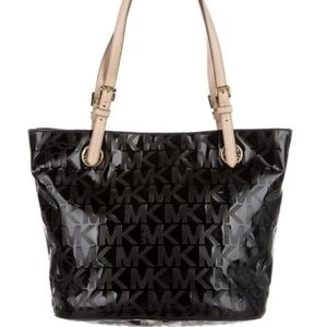 Michael Kors Jet Set Black Patent Leather Logo Tote Bag Purse
